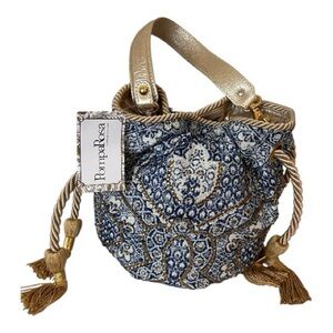 Pomparosa  NWT Blue and Gold tapestry Women's tasseled bucket Bag